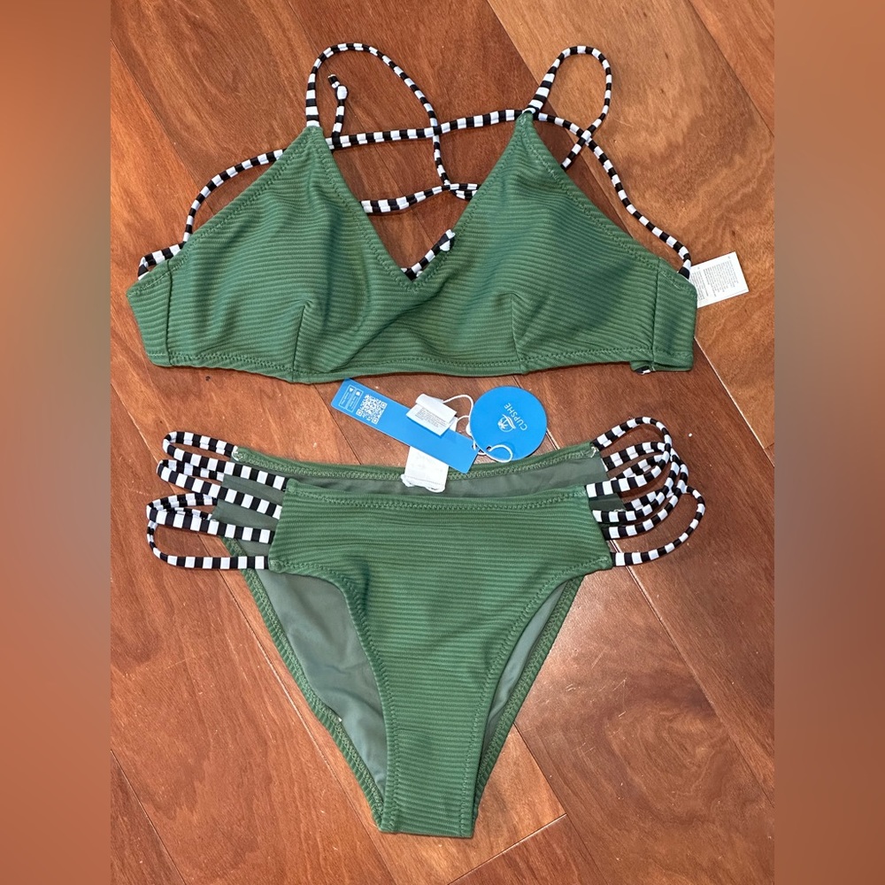 CUPSHE Women's Green Ribbed Strappy Self Tie Low Waist Bikini Set, S